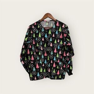 Festive Tree and Snowflake Button Down Scrub Top